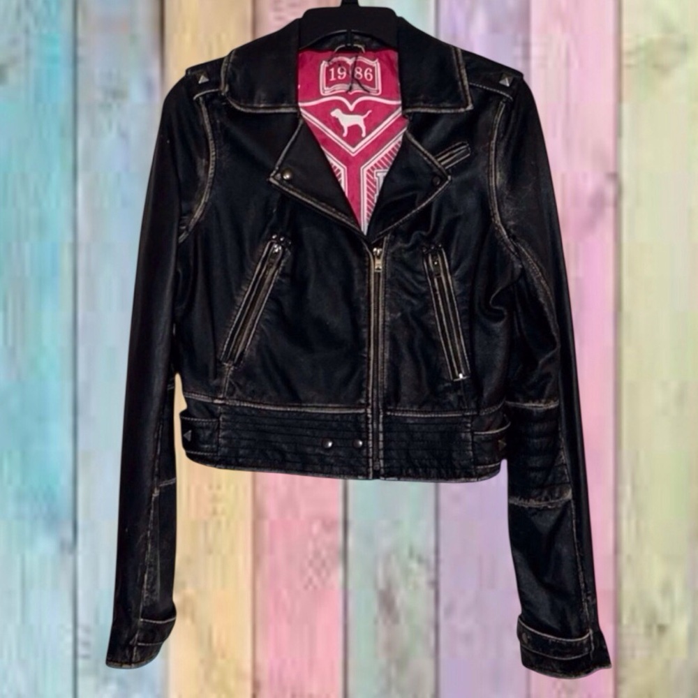 Victoria’s Secret Pink Black Vintage Distressed Genuine Leather Moto Jacket